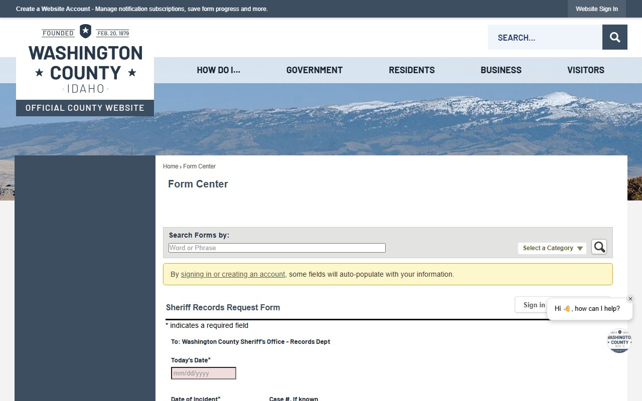 Washington County sheriff records request form for inmate records
